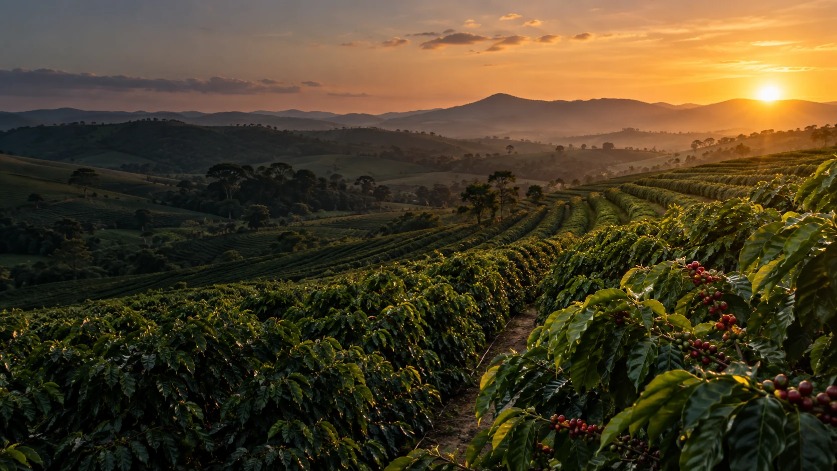Paisagem ilustrativa de uma lavoura de café ao entardecer